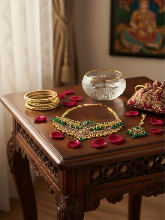 Jewelry - Indian Bridal Jewelry Set Choker Maang Tikka Gold Green Bangles-NWOT 7pieces